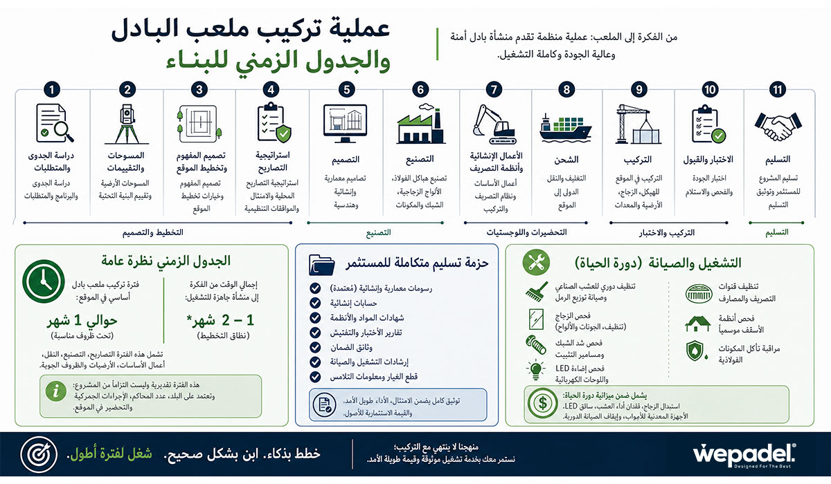 عملية تركيب ملعب البادل والجدول الزمني للبناء
